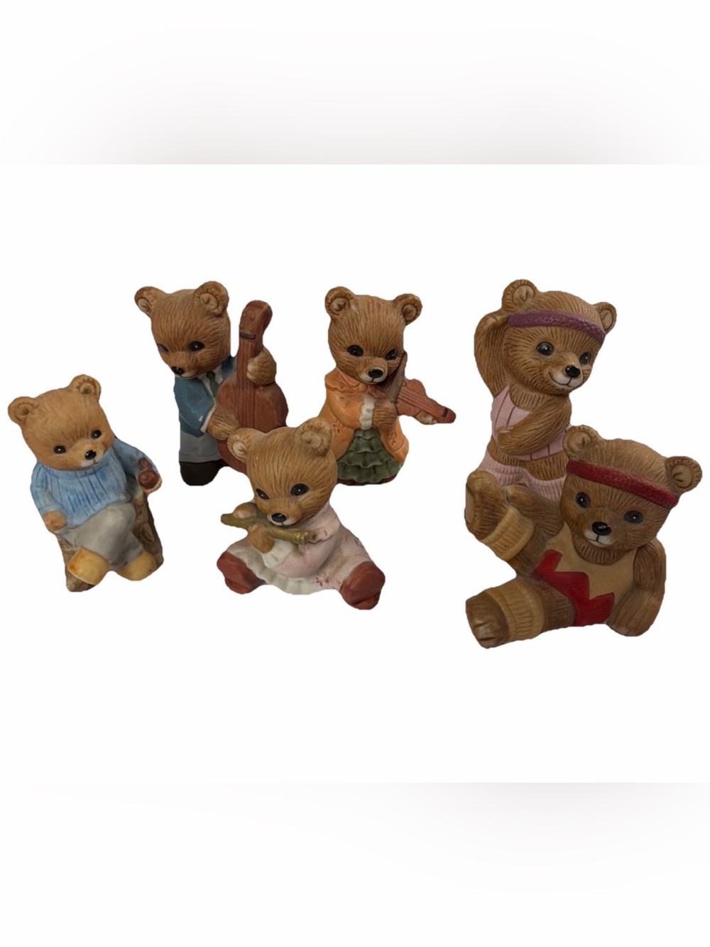 HOMCO Vintage Set of 6 Collectible Bear Figurines Band, Exercise, Rocking Chair